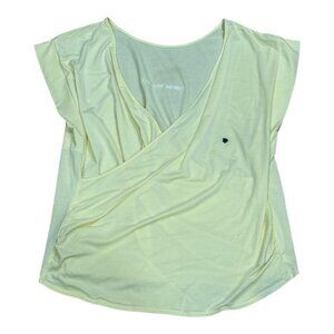 Decathlon Shirt Womens L-XL Yellow Wrap Front Cap Sleeve Embroidered Slogan